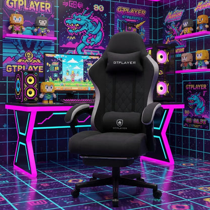 Black GTPLAYER gaming chair in a vibrant retro 8-bit themed gaming setup with neon desk.