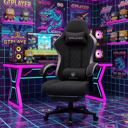 Black GTPLAYER gaming chair in a vibrant retro 8-bit themed gaming setup with neon desk.