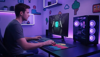 Young man gaming on a desktop PC with RGB lighting and pixel art decor in a purple-lit room