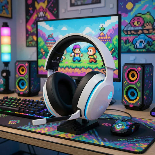 Retro gaming headset, RGB keyboard, mouse, and speakers on pixel art desktop setup