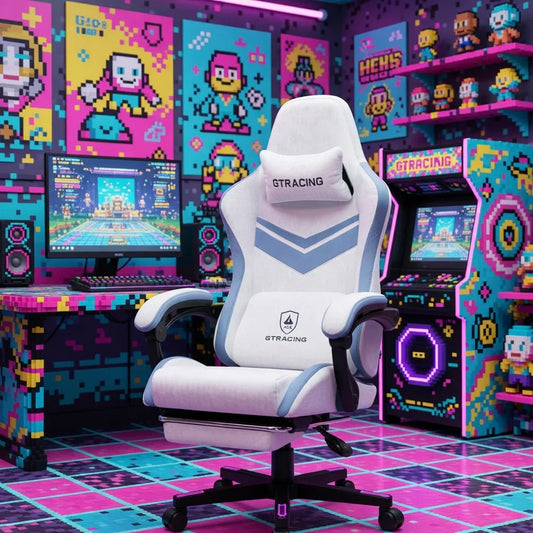 White and blue GTRACING gaming chair in colorful retro 8-bit themed gaming room setup