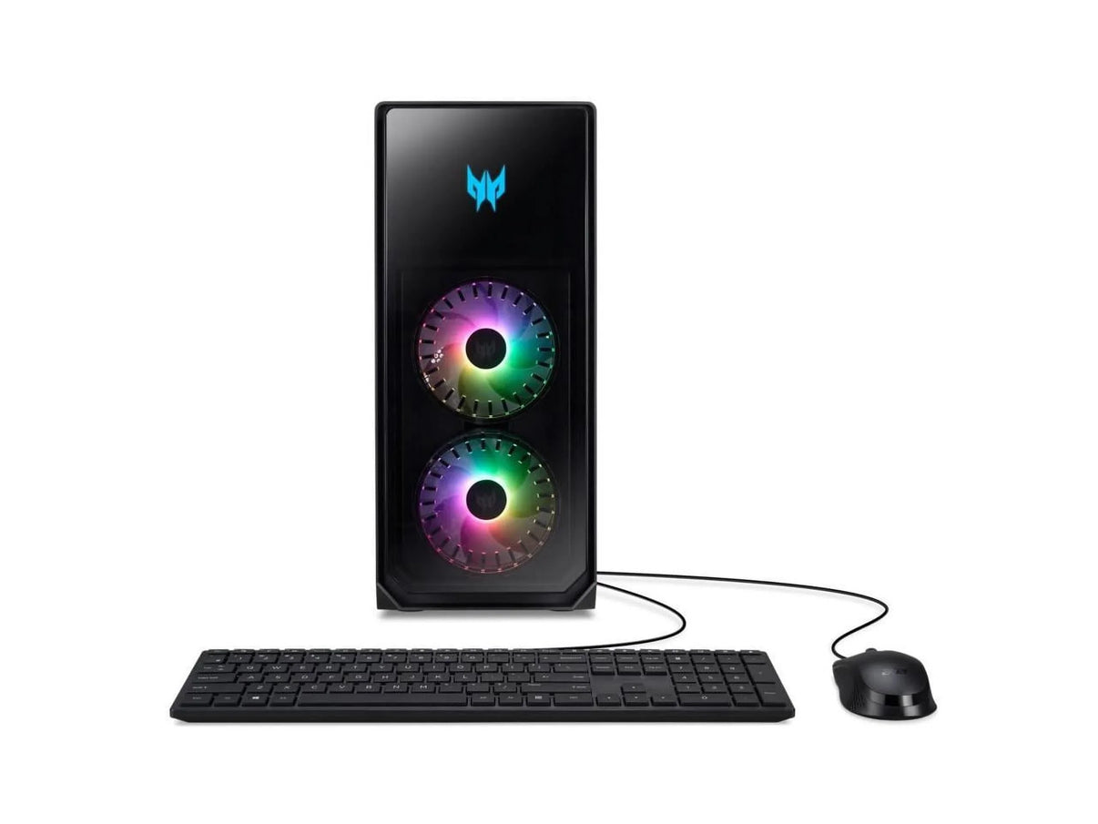 Black Acer Predator gaming desktop PC with RGB fans, wired keyboard, and wired mouse on white background
