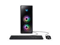 Black Acer Predator gaming desktop PC with RGB fans, wired keyboard, and wired mouse on white background