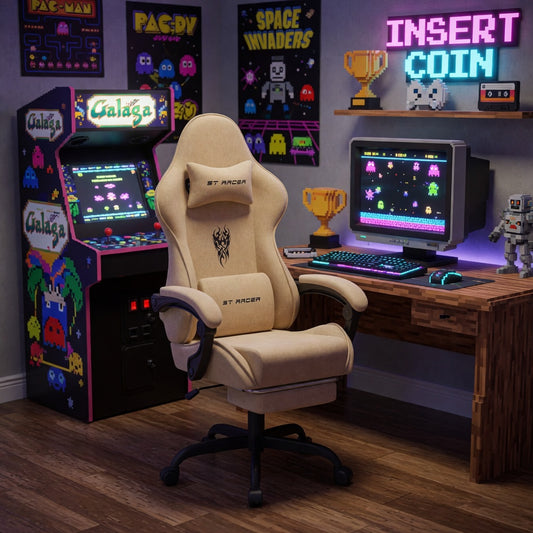 GTRACER Velvet Fabric Gaming Chair | High-Back | Footrest | Headrest | Massage Lumbar Cushion