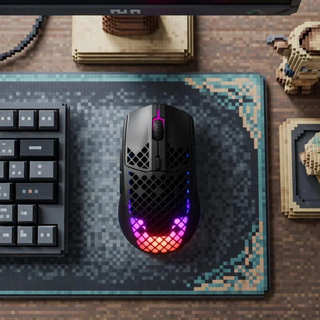 RGB gaming mouse on pixel art mouse pad with mechanical keyboard in retro gaming setup