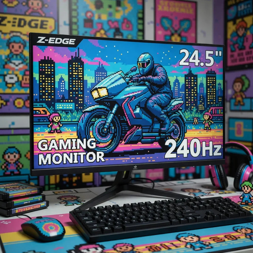 24.5-inch 240Hz gaming monitor on desk with 8-bit retro gaming gear and pixel art decor