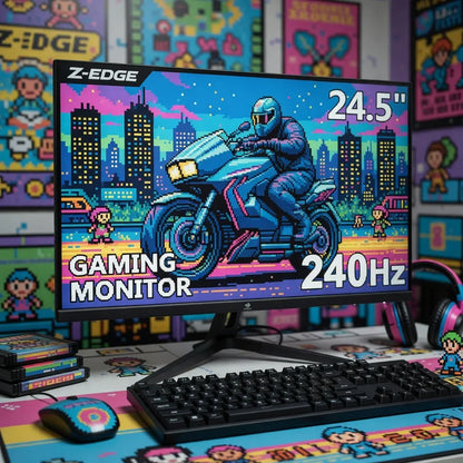 24.5-inch 240Hz gaming monitor on desk with 8-bit retro gaming gear and pixel art decor