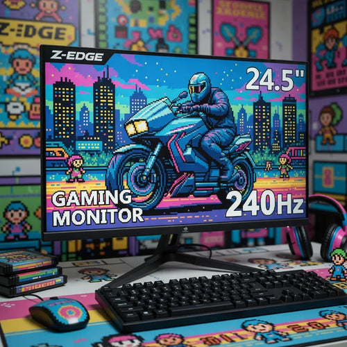 24.5-inch 240Hz gaming monitor on desk with 8-bit retro gaming gear and pixel art decor