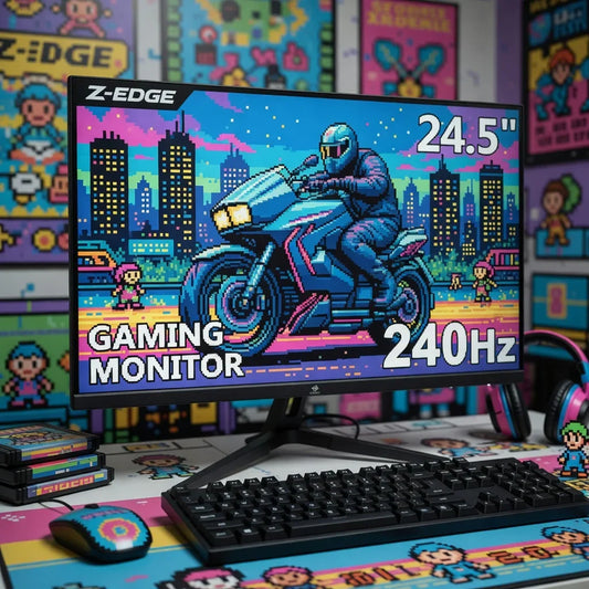 24.5-inch 240Hz gaming monitor on desk with 8-bit retro gaming gear and pixel art decor