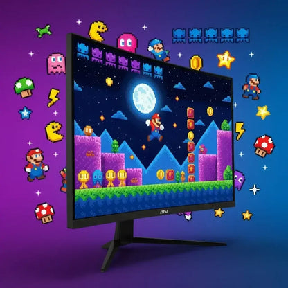 MSI gaming monitor displaying pixel art platformer with Mario, coins, stars, and retro game characters