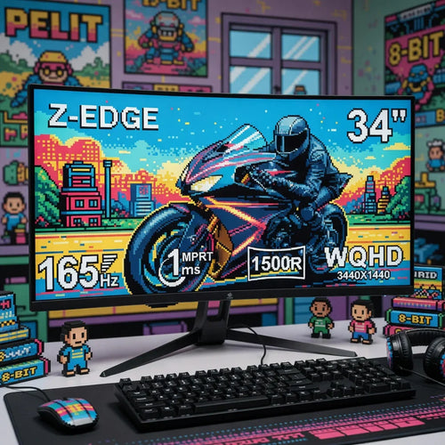 Retro 8-bit gaming setup with Z-EDGE 34-inch monitor, mechanical keyboard, mouse, and pixel art decor.