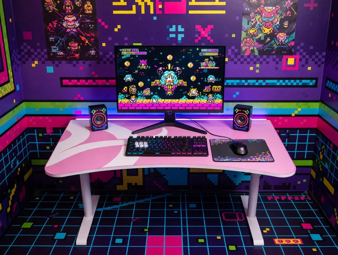 Retro 8-bit gaming desk setup with pink desk, RGB keyboard, monitor, and pixel art decor