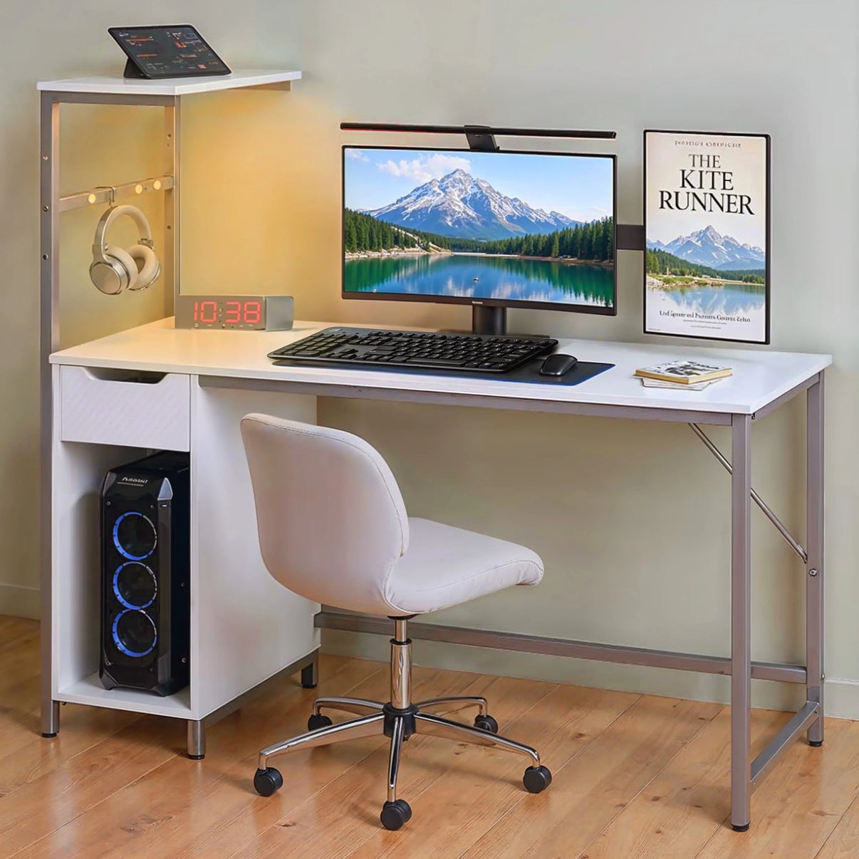 White computer gaming desk with metal frame, curved monitor, headset hanger, red digital clock, and white swivel chair