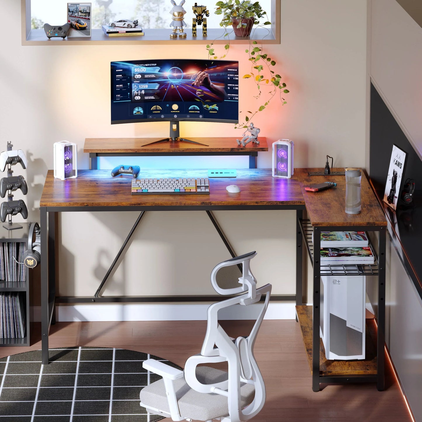 L-shaped rustic gaming desk with LED lights, curved monitor, keyboard, controllers, ergonomic chair, and gaming accessories