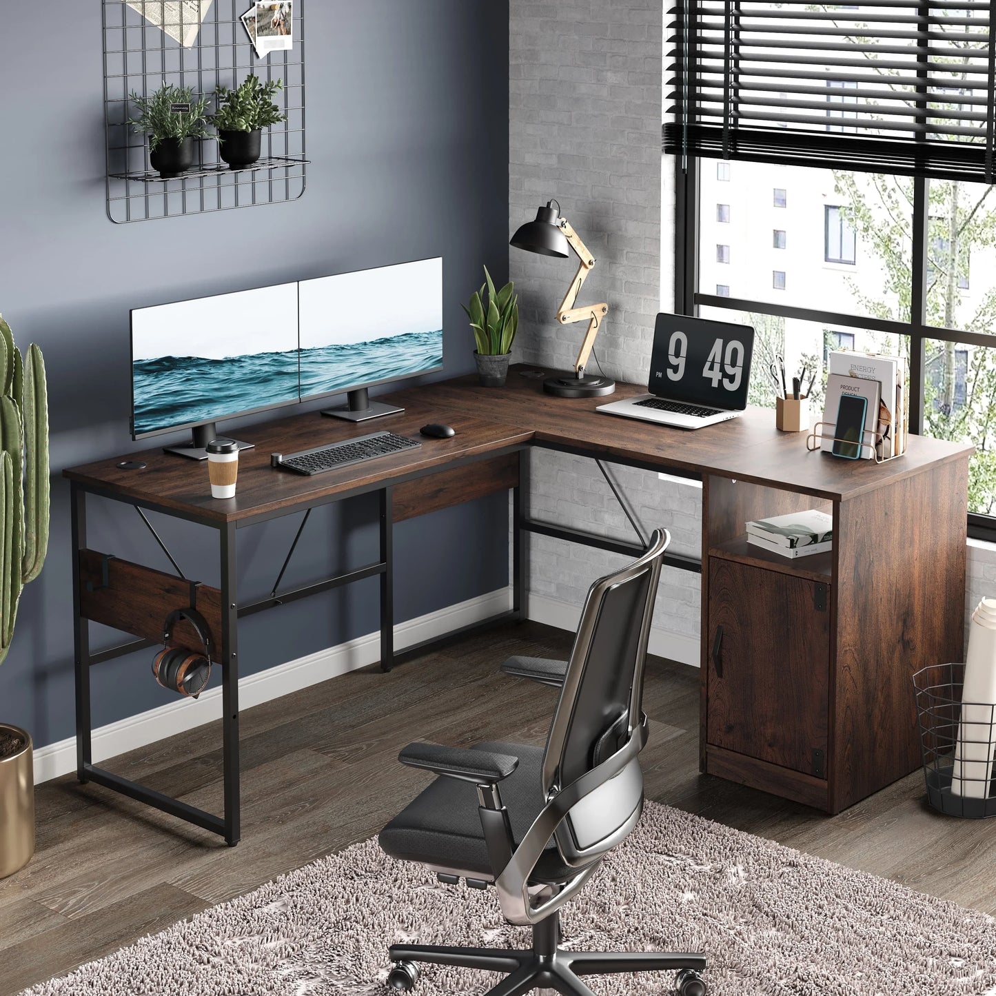 Reversible 60" L Shaped Computer Desk with Storage Cabinet Long Desk for 2 Person Wash White