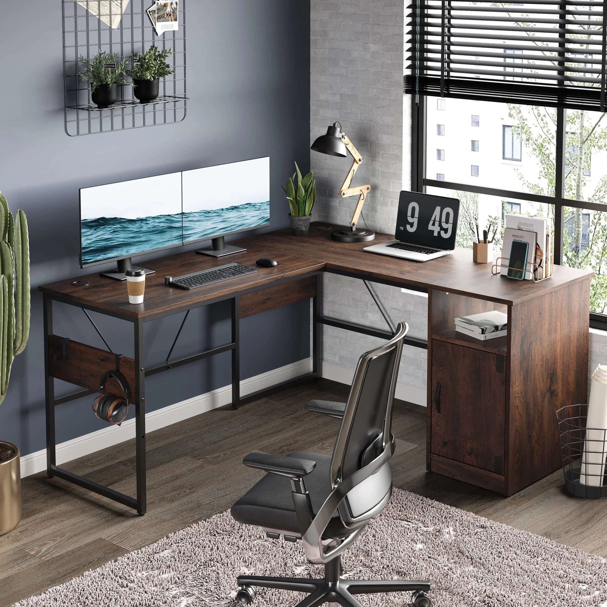 Reversible 60" L Shaped Computer Desk with Storage Cabinet Long Desk for 2 Person Wash White