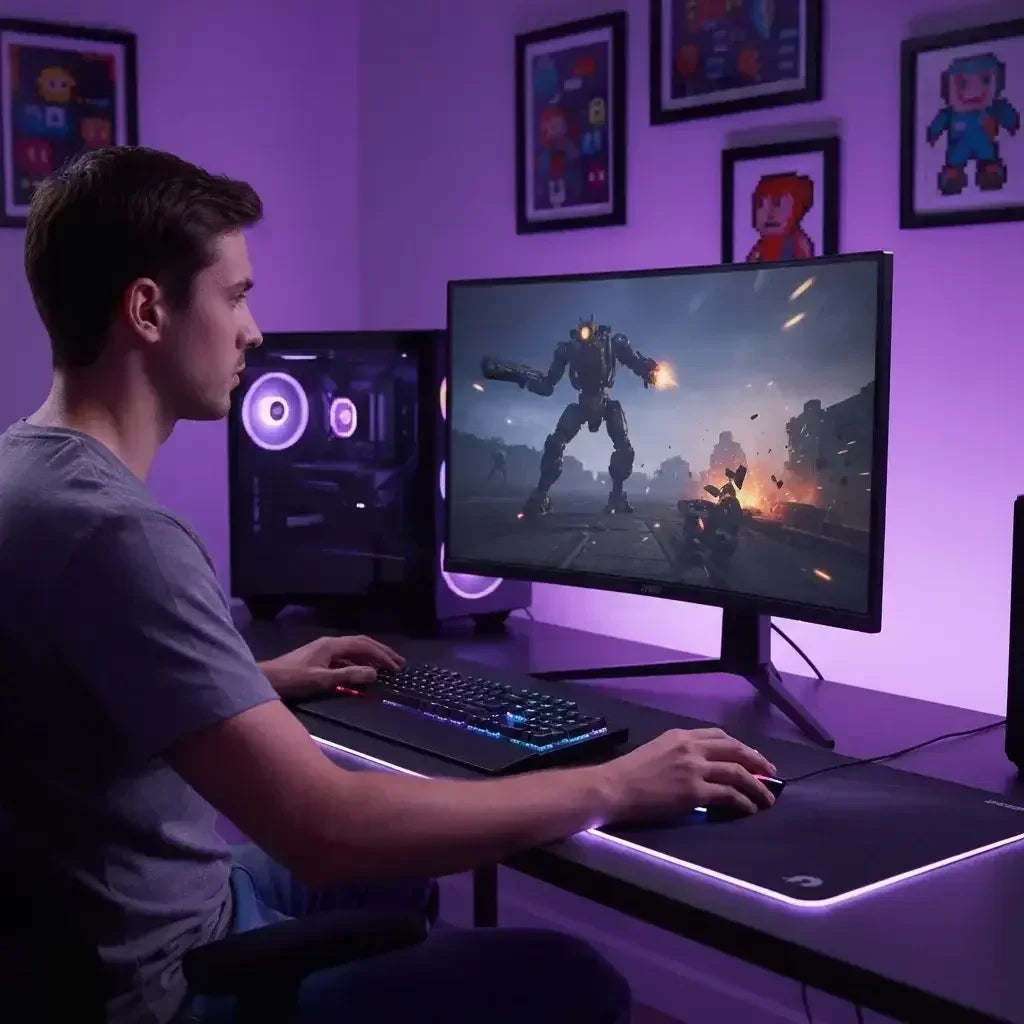 Young man playing action video game on desktop PC with RGB lighting and gaming setup in purple room
