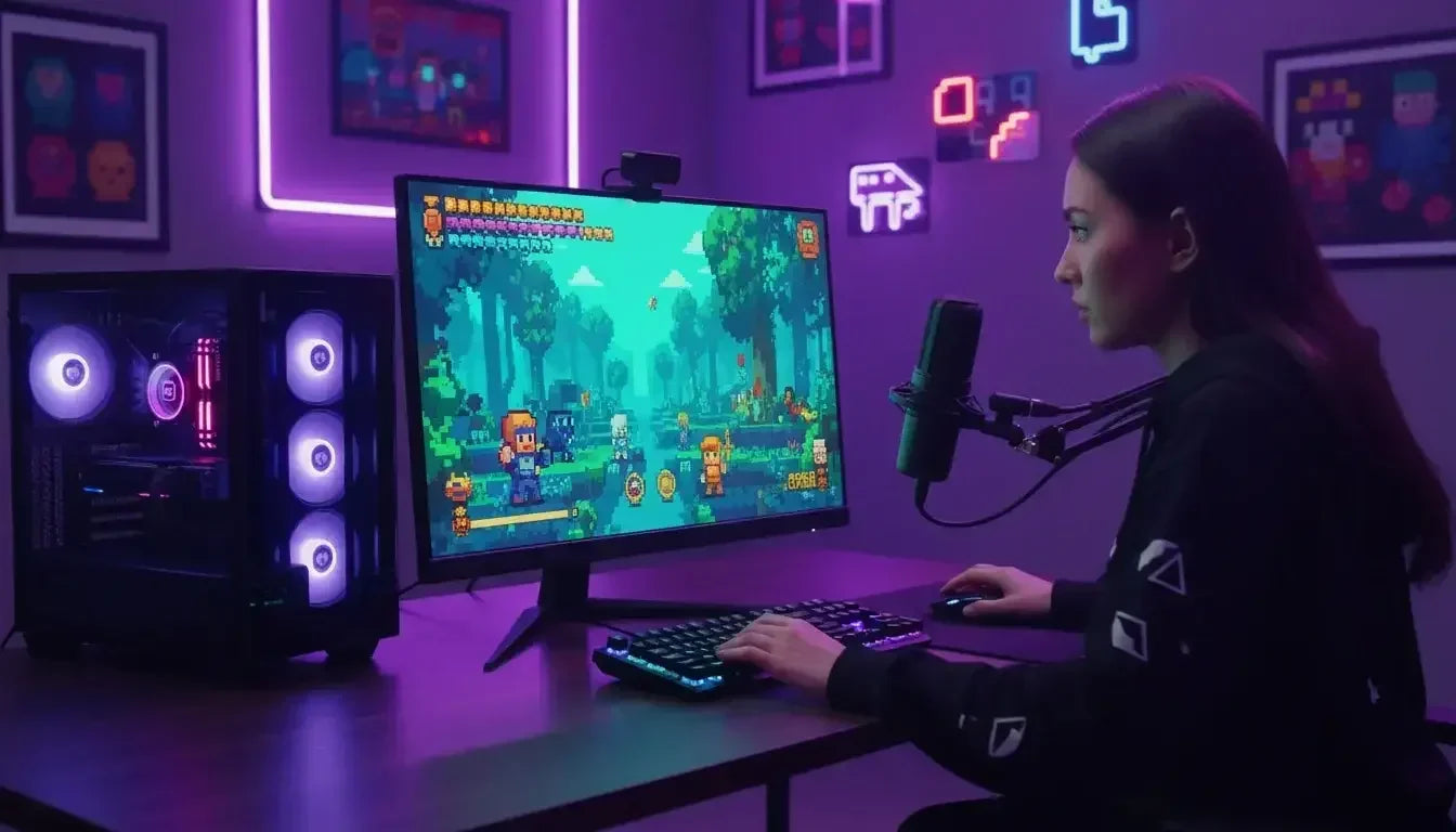Female gamer playing pixel art video game on desktop with RGB-lit PC and microphone in neon-lit room