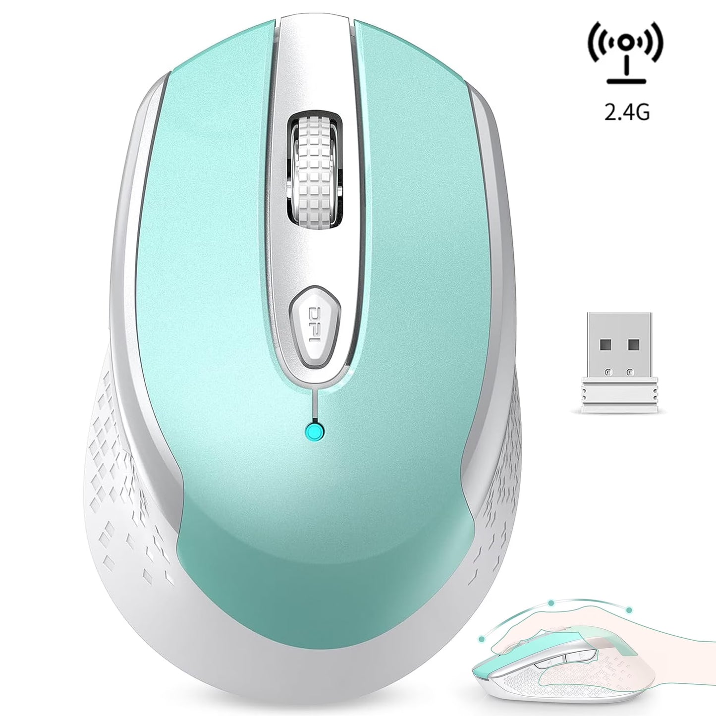 Mint green wireless ergonomic computer mouse with USB receiver and DPI button