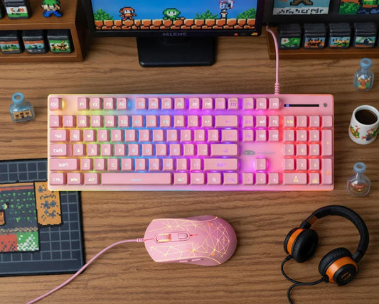 MageGee GT838 Gaming Keyboard & Mouse Combo | 104 Keys | RGB Backlit | Quiet Wired | Metal Panel | Anti-Ghosting | Pink
