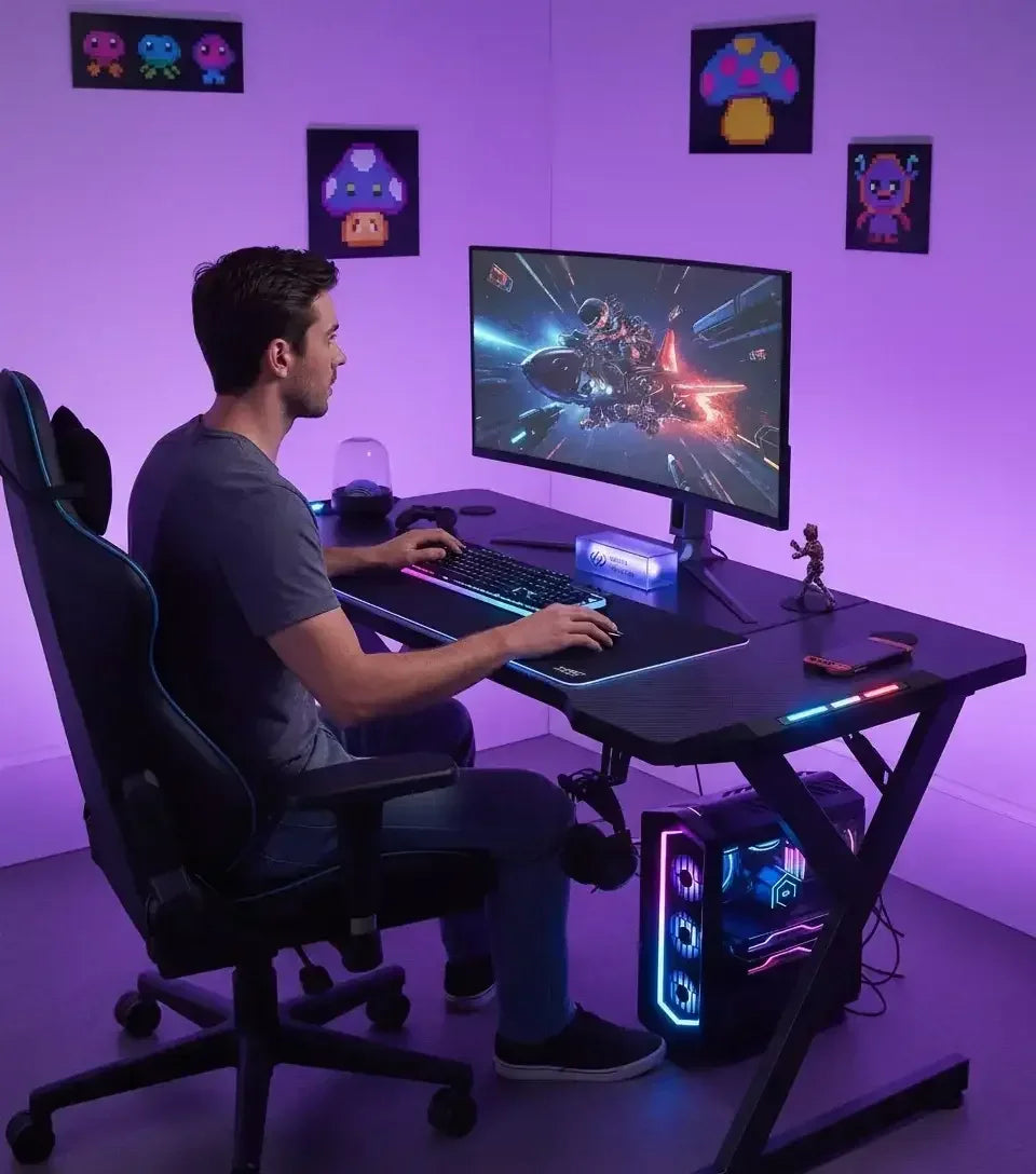 Man playing space shooter video game on curved monitor in RGB-lit gaming setup with black desk and chair