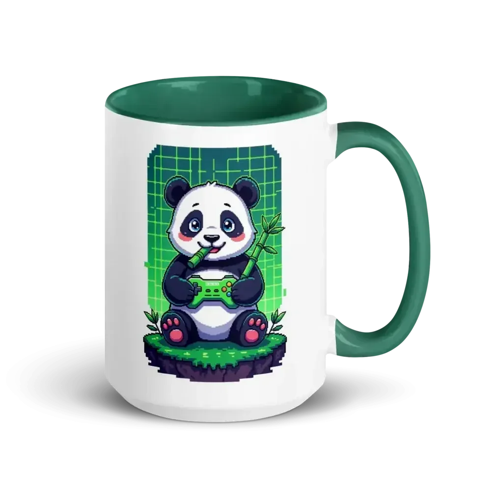White mug with green handle featuring a cute panda holding a game controller and bamboo on a digital grid background