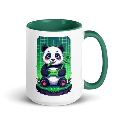 White mug with green handle featuring a cute panda holding a game controller and bamboo on a digital grid background