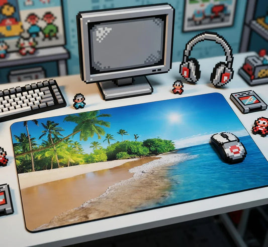 Retro 8-bit gaming desk setup with pixel art PC, headset, mouse, and beach scene mousepad