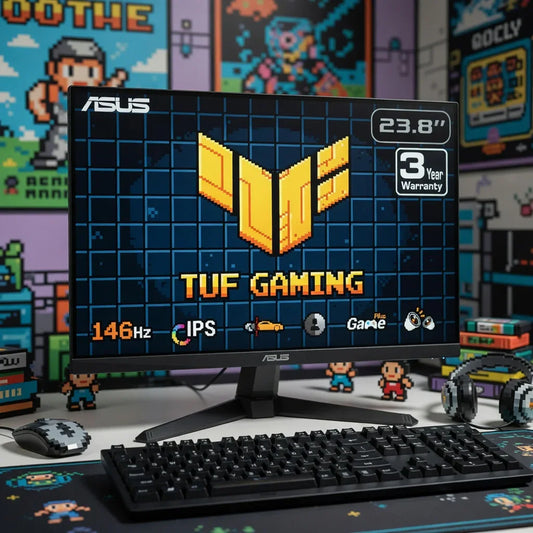 ASUS TUF Gaming monitor, keyboard, and 8-bit themed gaming setup with retro pixel art decor.