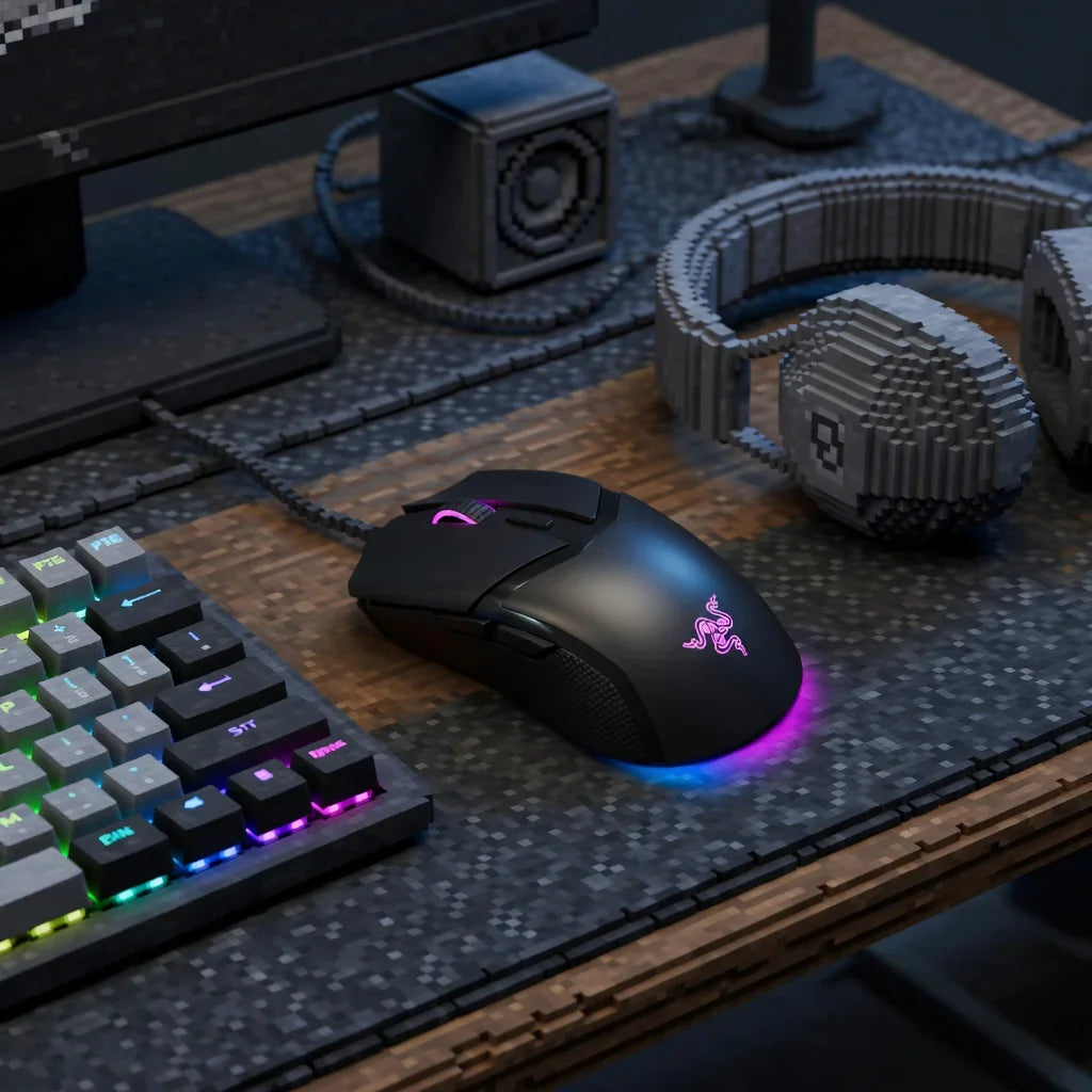 RGB gaming mouse and illuminated keyboard on a pixelated desk with retro 8-bit style headset