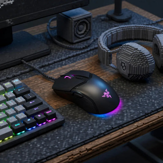 RGB gaming mouse and illuminated keyboard on a pixelated desk with retro 8-bit style headset