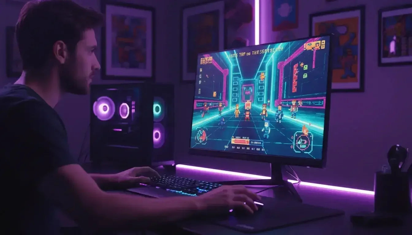 Young man gaming on desktop PC with neon lights and futuristic video game on large monitor