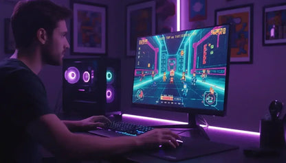 Young man gaming on desktop PC with neon lights and futuristic video game on large monitor