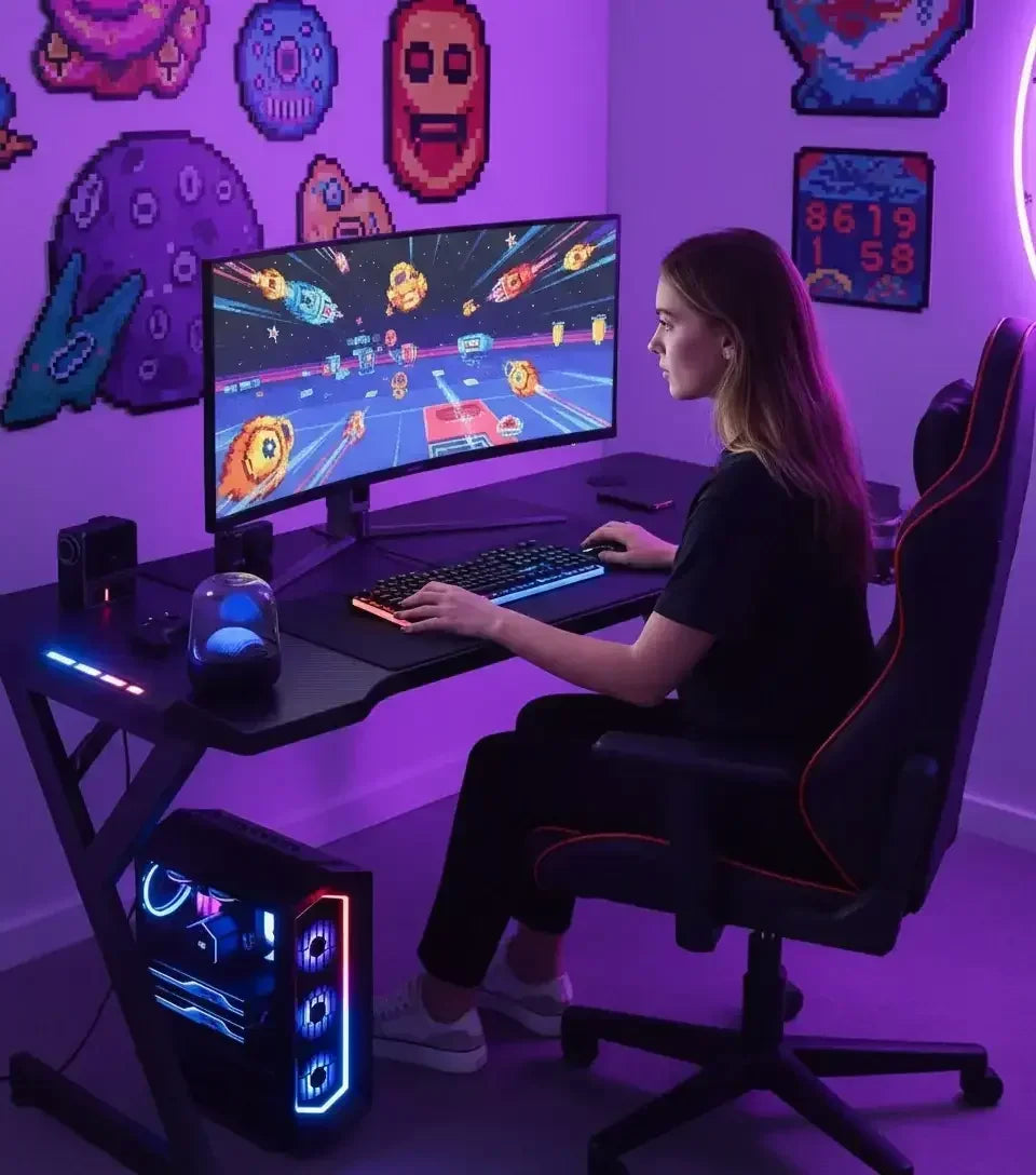 Woman playing colorful space shooter game on ultrawide monitor in purple LED-lit gaming setup