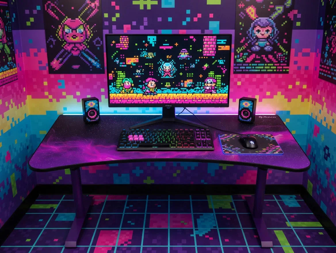 Retro 8-bit gaming setup with RGB keyboard, mouse, speakers, and pixel art decor