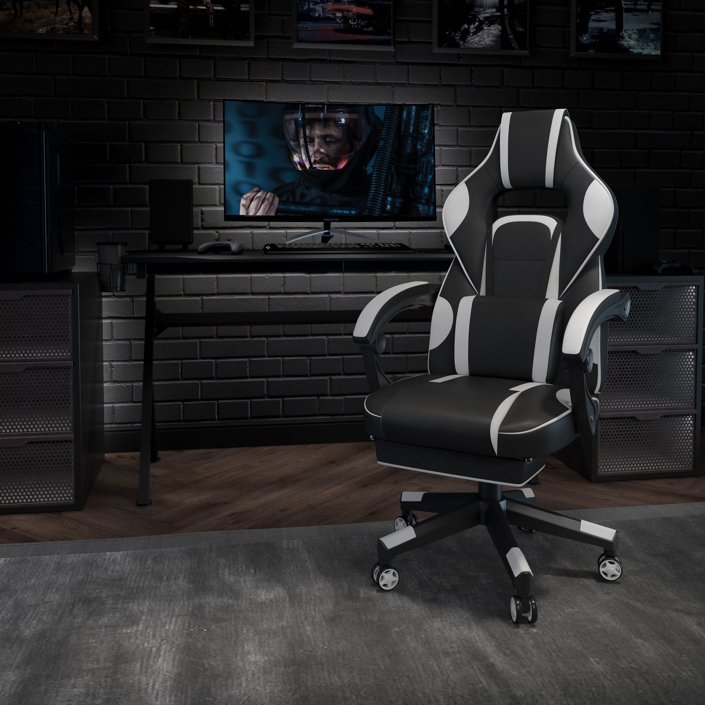Black and white gaming chair in modern setup with monitor and desk accessories