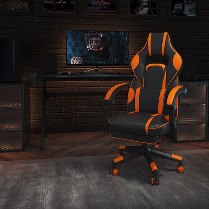 Black and orange gaming chair with ergonomic design in a modern gaming setup