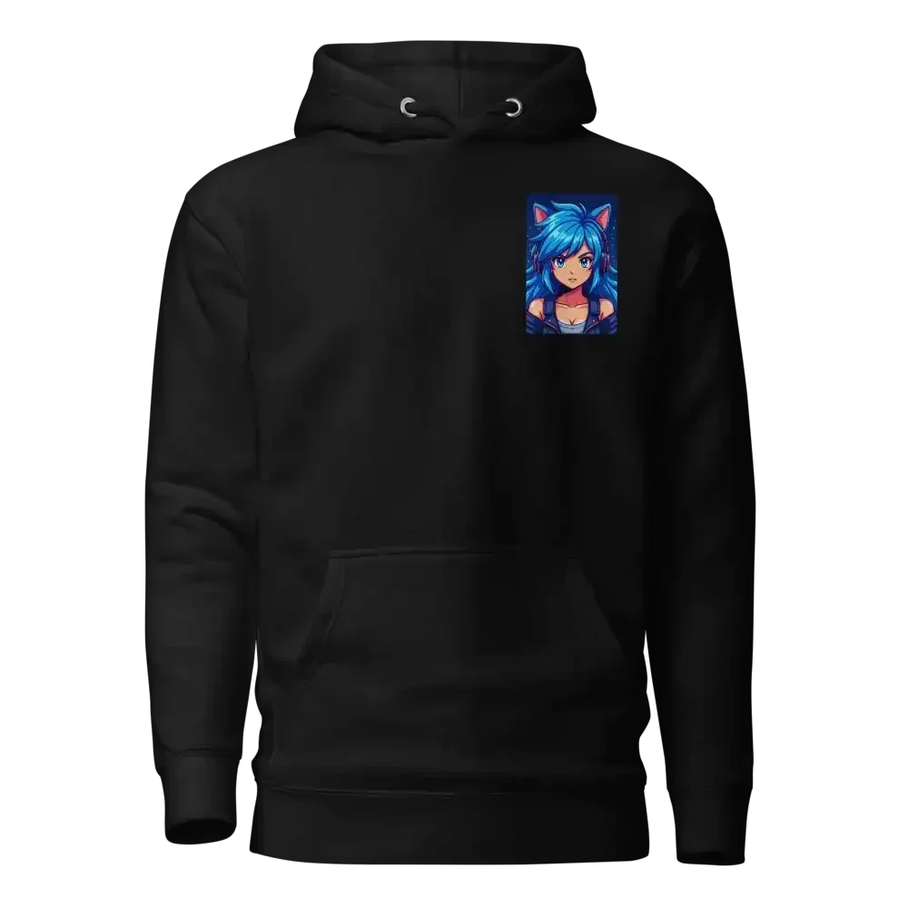 Black hoodie with anime girl graphic featuring blue hair and cat ears on chest