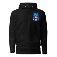 Black hoodie with anime girl graphic featuring blue hair and cat ears on chest