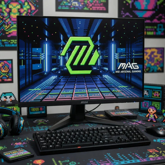 Retro gaming desk setup with MSI monitor, mechanical keyboard, mouse, and pixel art décor.