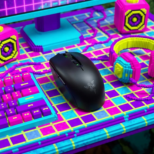 Black gaming mouse on colorful retro 8-bit desk with pixelated keyboard, headset, and speakers.