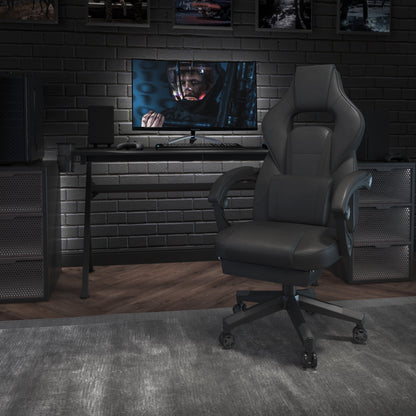 Ergonomic gaming chair with high backrest, positioned in front of a monitor in a modern gaming setup.