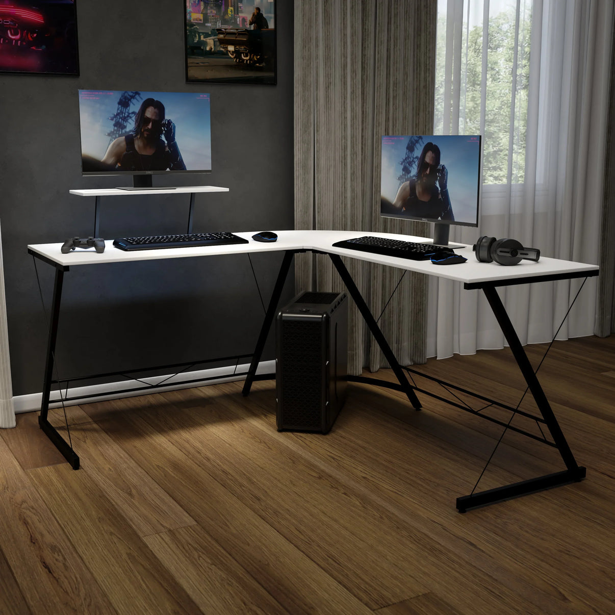 L-shaped white computer desk with black metal frame, dual monitors, keyboard, mouse, game controller, and headset in modern room