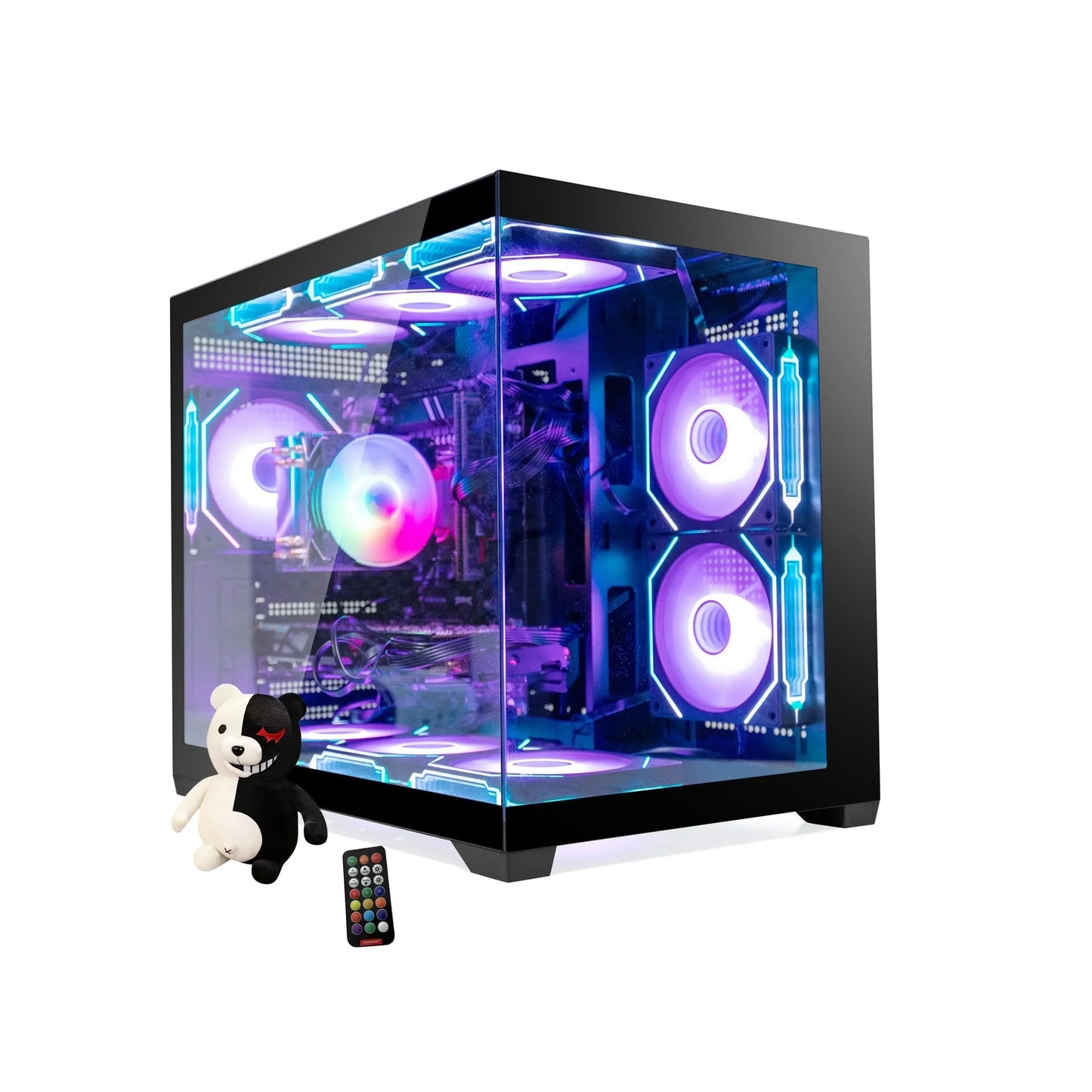 Liquid cooled gaming PC with RGB fans, glass case, plush toy, and remote control