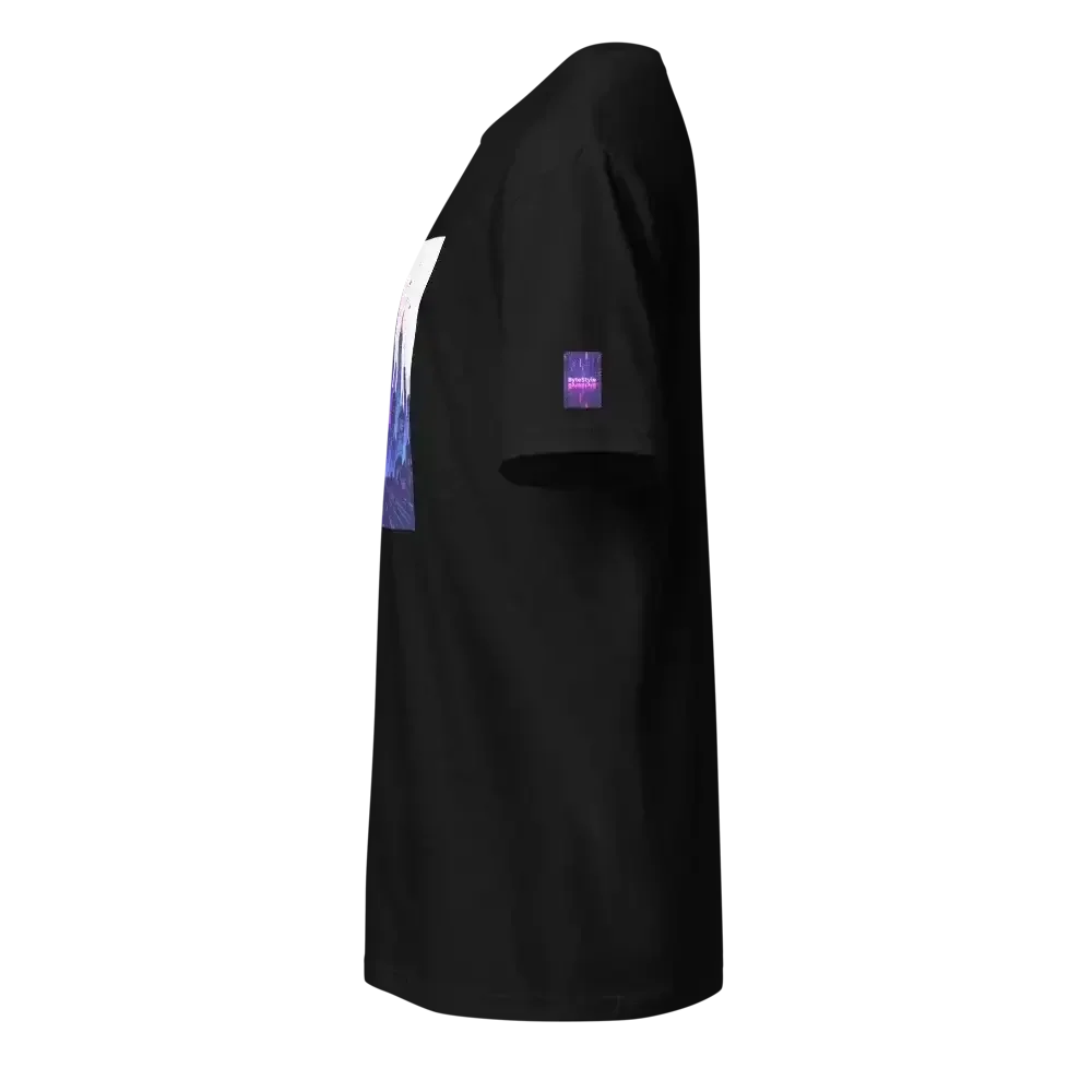 Black short-sleeve t-shirt with a purple rectangular graphic on the sleeve and a colorful front design