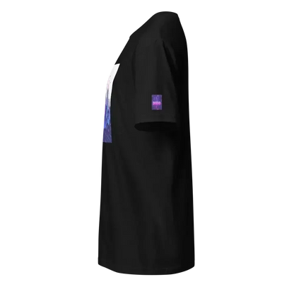 Black short-sleeve t-shirt with a purple rectangular graphic on the sleeve and a colorful front design