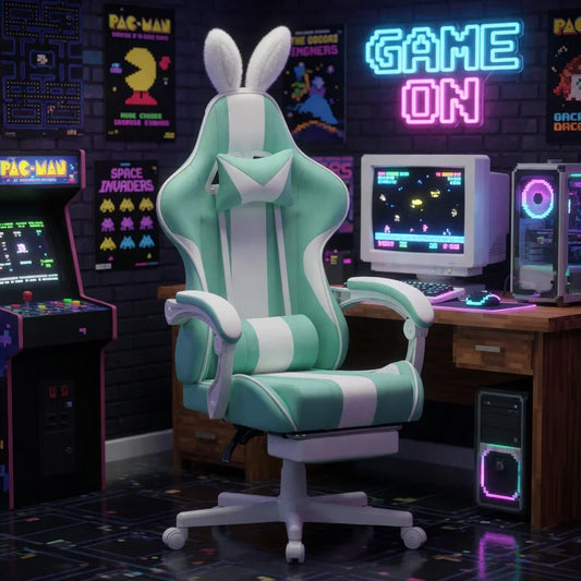 Mint green and white gaming chair with bunny ears in retro arcade setup with Pac-Man and neon 'GAME ON'