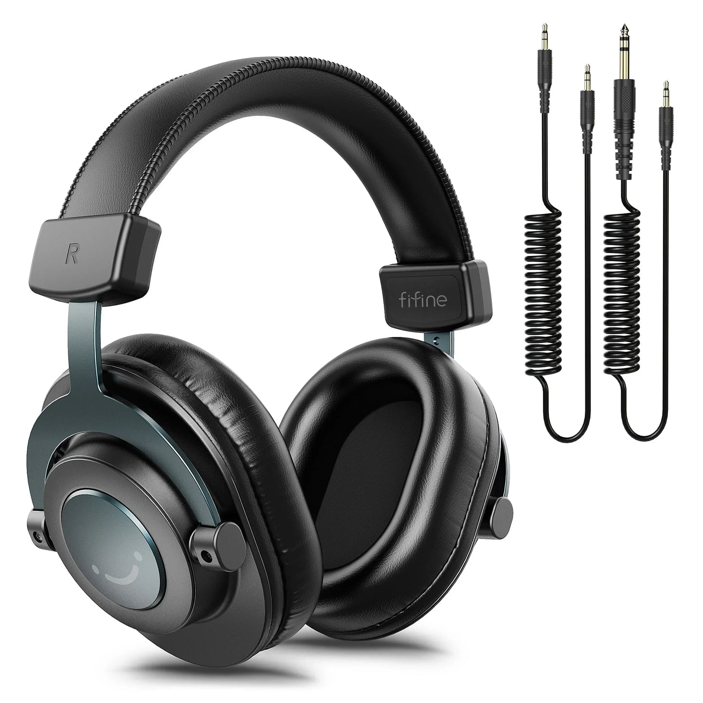 Over-ear wired headphones with cushioned earcups and detachable coiled audio cables for DJ or studio use.