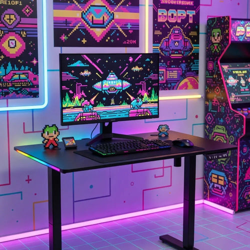 Retro 8-bit gaming setup with RGB keyboard, monitor, arcade machine and pixel art decor