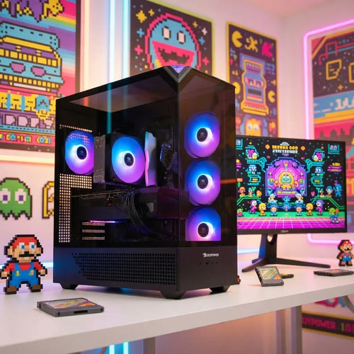 RGB gaming PC setup with retro 8-bit decor, monitor, and pixel art figures